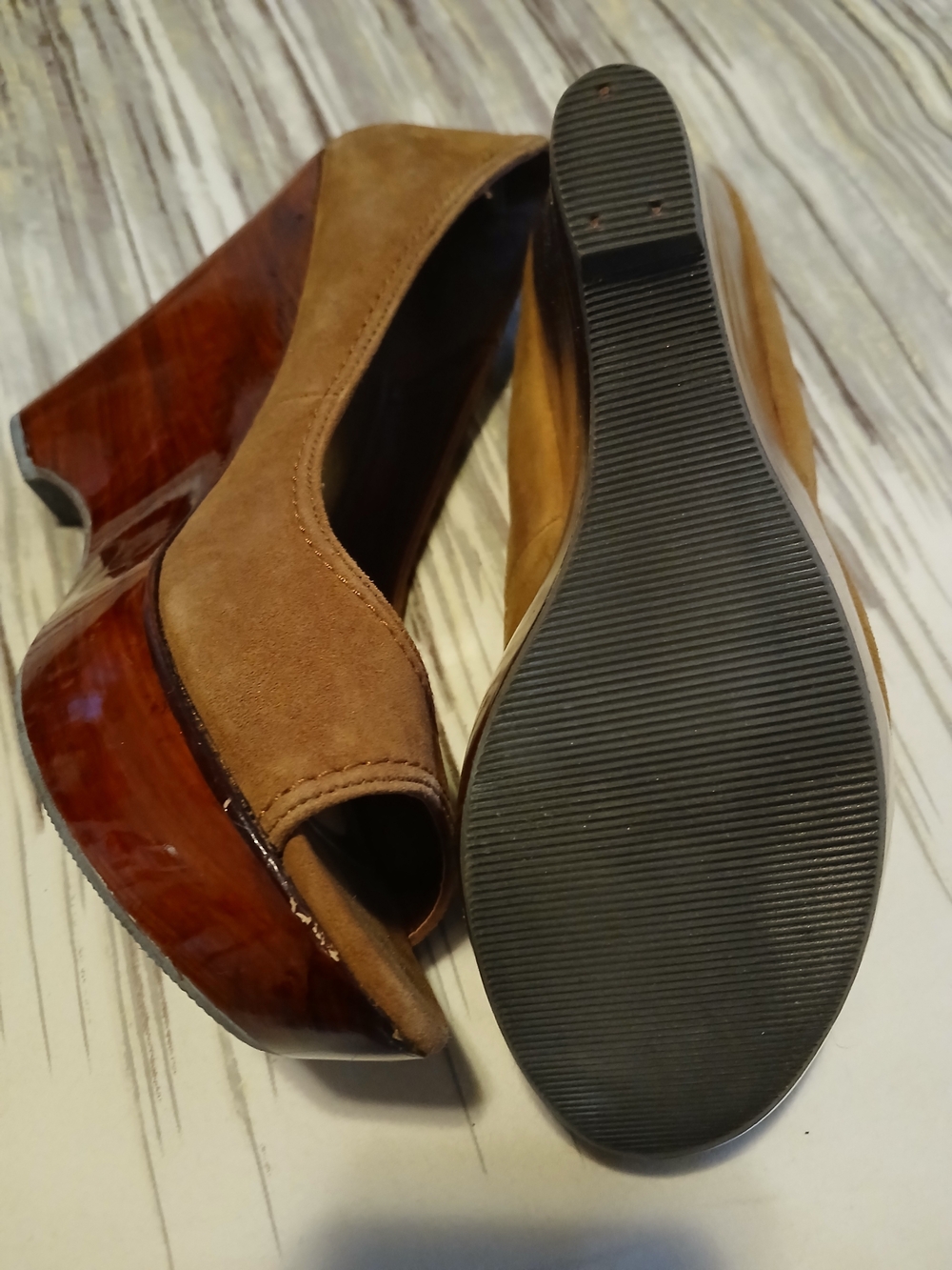 Nine West Tan Suede Peep-Toe Wood-Platform Wedges - Picture 5 of 8